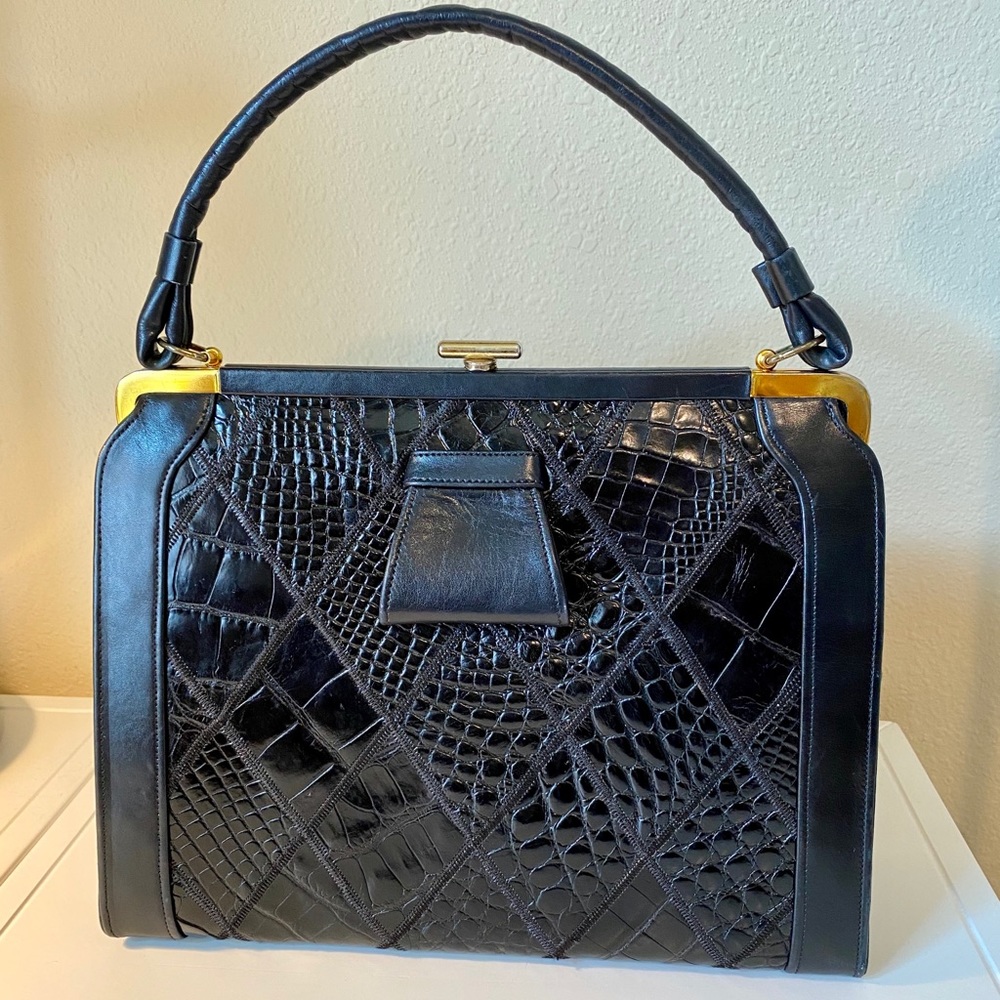 Judith Leiber Vintage Black Alligator Kelly Bag
